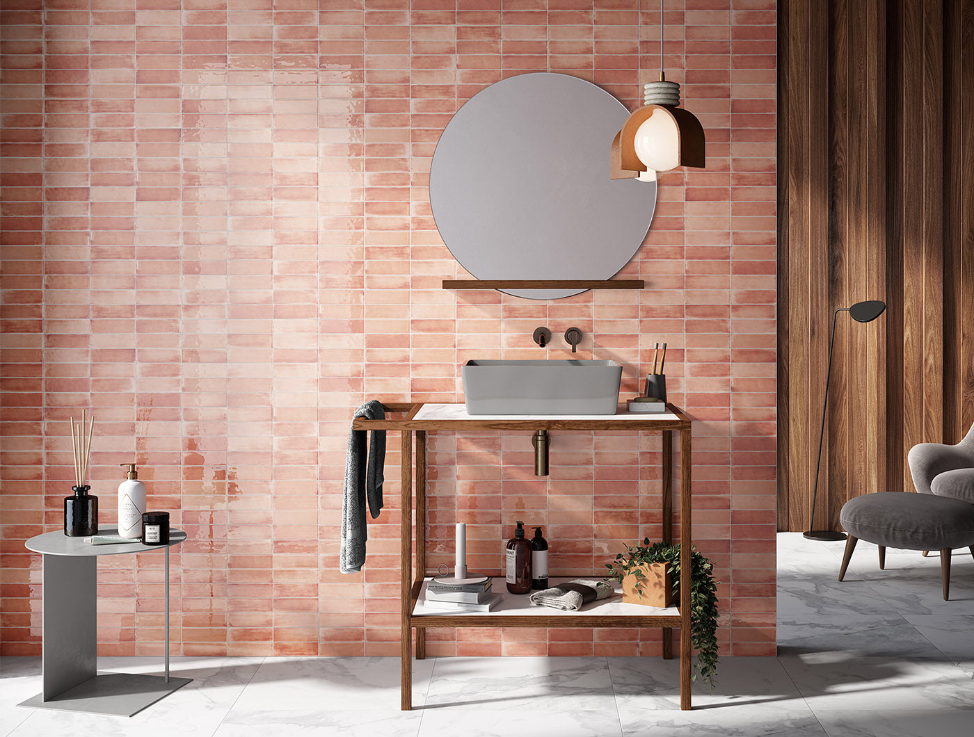 Glossy Light Pink-Orange Subway Tiles tiled as a feature wall inside the bathroom.