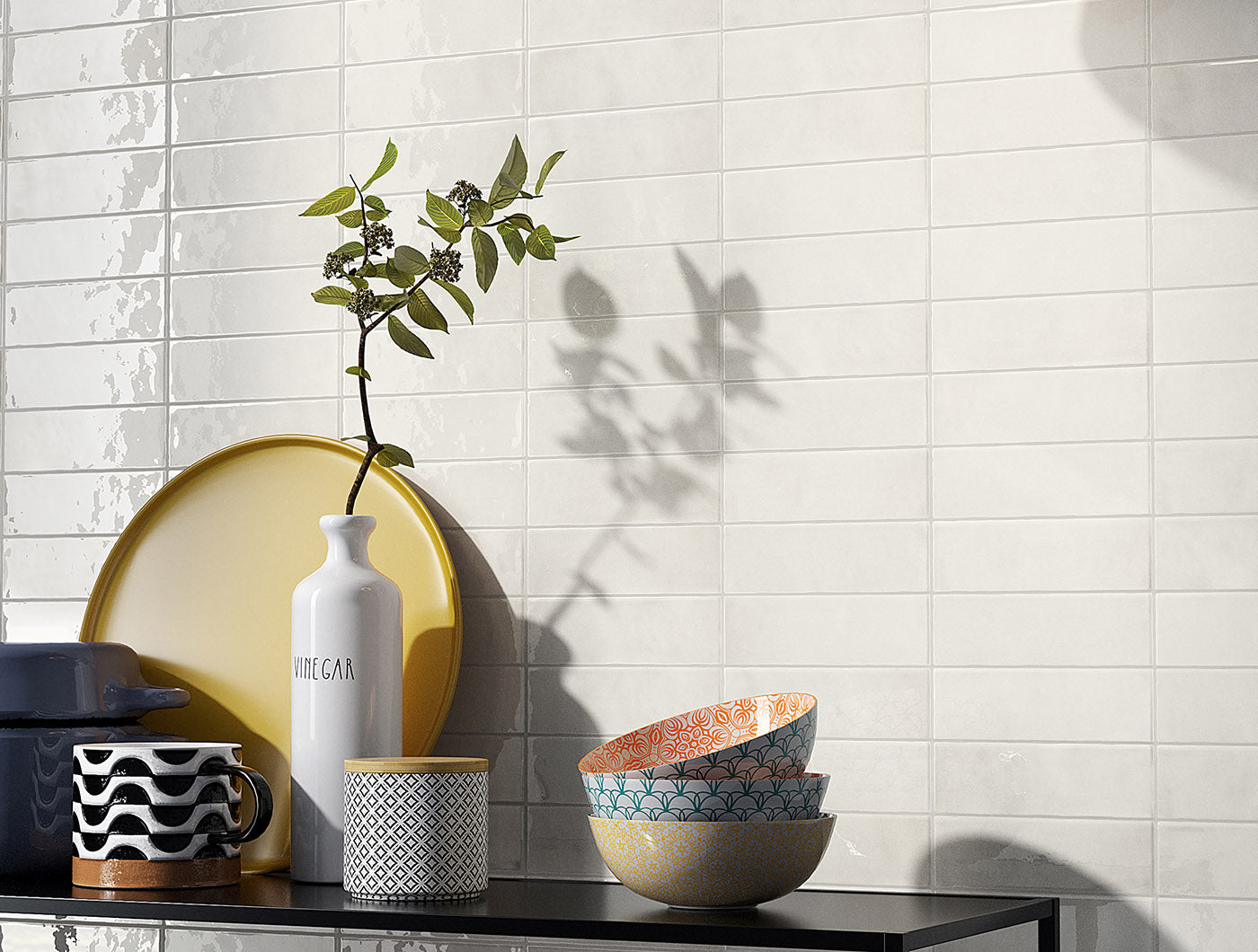 Glossy Beige White Subway Tiles tiled as a kitchen splash back.