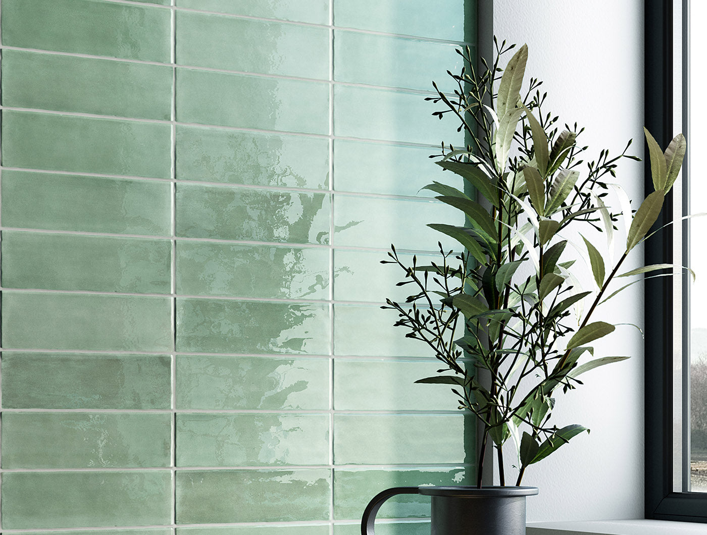 Lime Green Glossy Subway Tiles tiled on the wall.