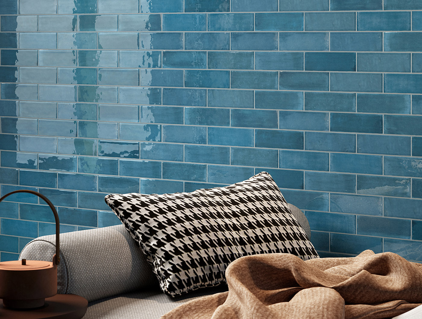 Glossy Navy Blue Subway Tile tiled on the wall.