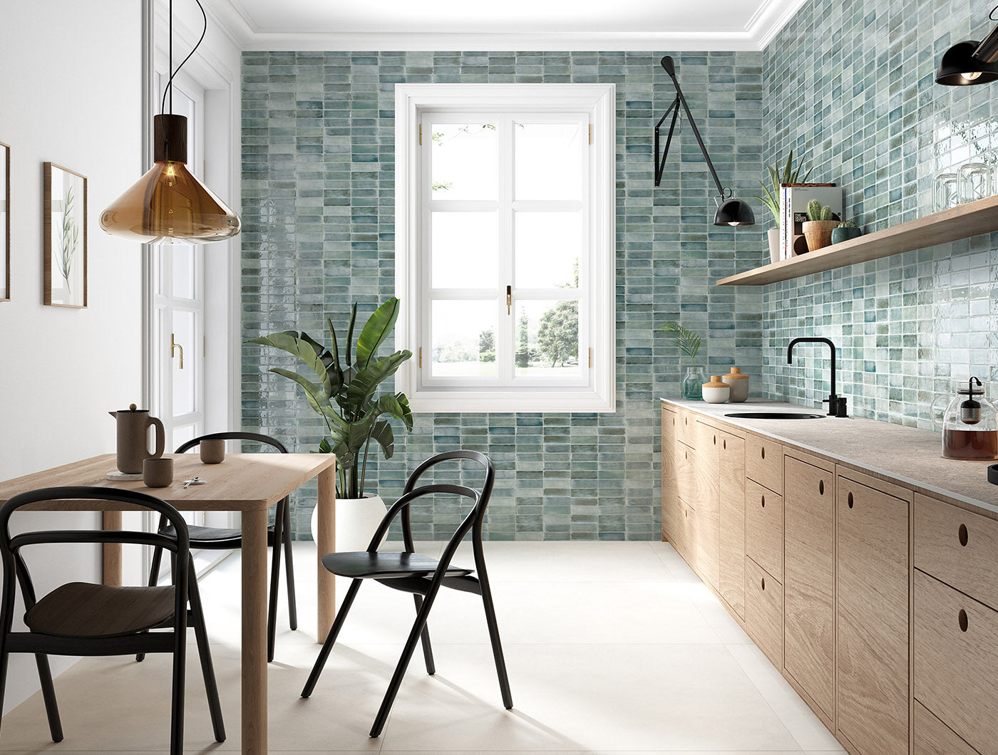 Glossy Ash-Grey Subway Tiles tiled as a feature wall and kitchen splash back.