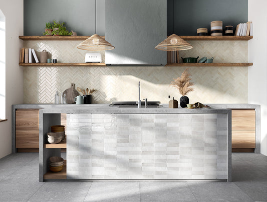 Glossy Light Grey Subway Tiles tiled around the kitchen island.